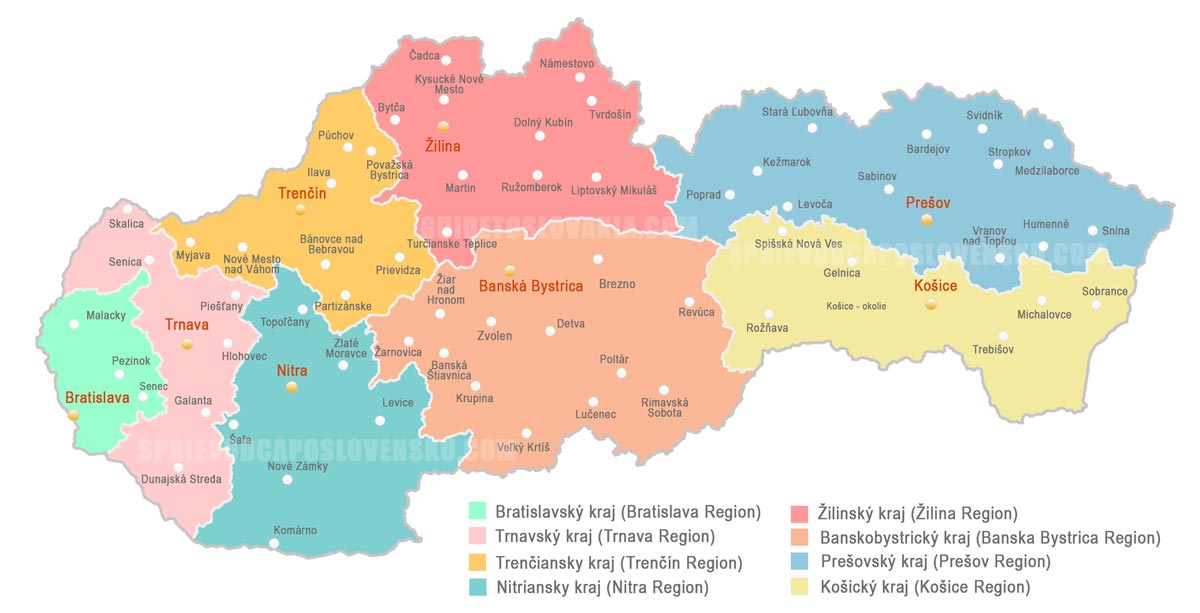 Hustota obyvateľstva - kraje - Slovensko - Mapa